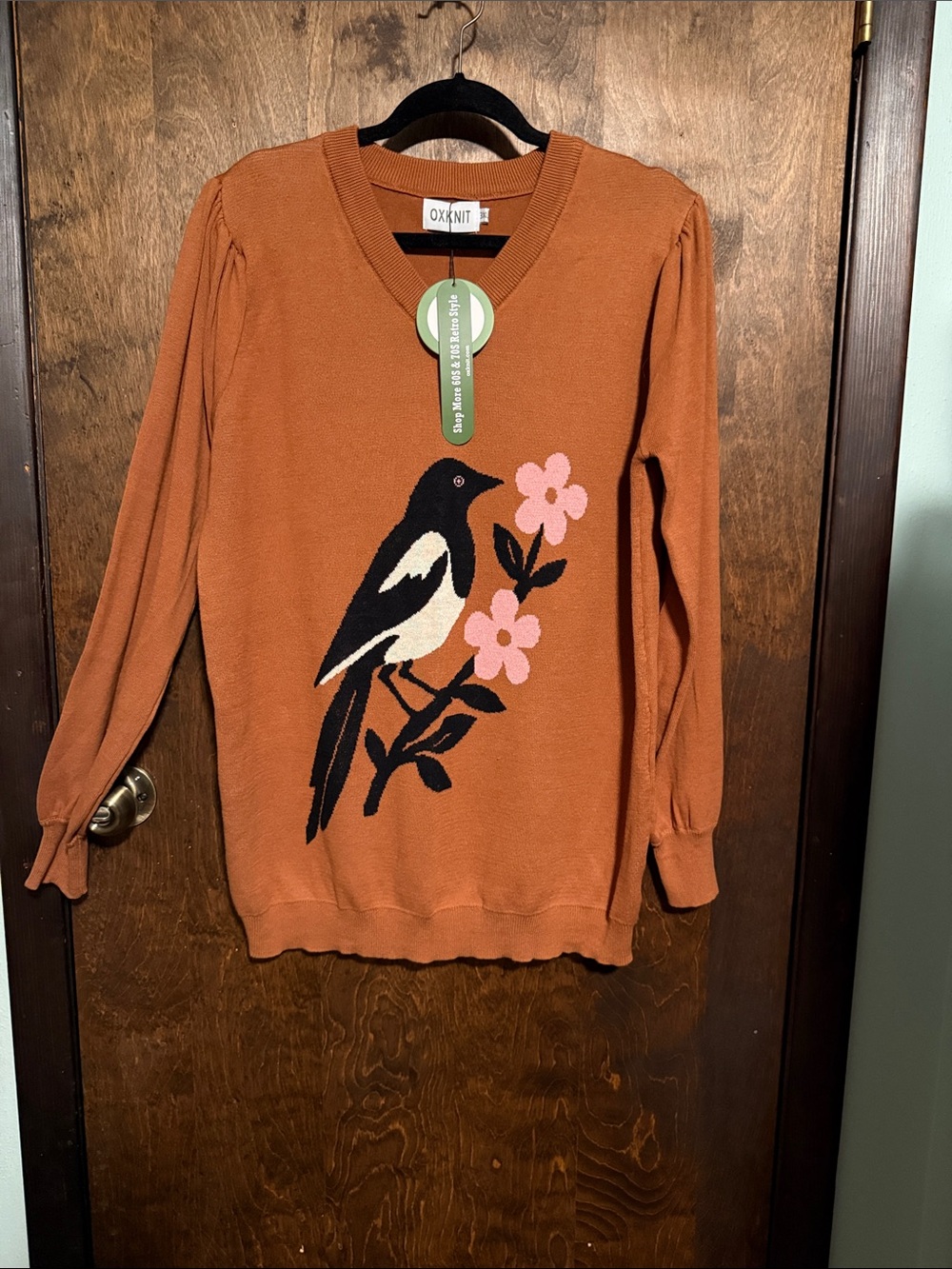 OXKNIT Rust V-Neck Bird Intarsia Sweater